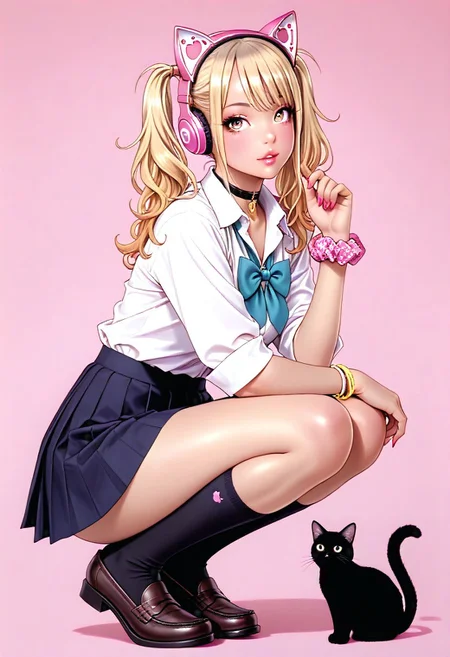 masterpiece,best quality,absurdres,highres,perfect anatomy,sketch,
1girl,gyaru,solo,cat,squatting,full body,looking at viewer,
blonde hair,twintails,choker,school uniform,pleated skirt,loafers,wrist scrunchie,cat ears,pink-headphones,
pink background,<lora:Yamashita_Shunya_Illu_Edition:1>,YS-Illu,, masterpiece,best quality,absurdres,highres,perfect anatomy,(sharp image),