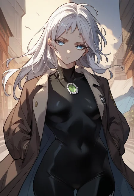 zPDXL3, score_9_up, score_8_up, score_7_up, (Anime_source), 1girl, SituLiu, blue eyes, white hair, long hair, black bodysuit, floating hair, seductive, leaning towards, cowboy shot, looking at viewer