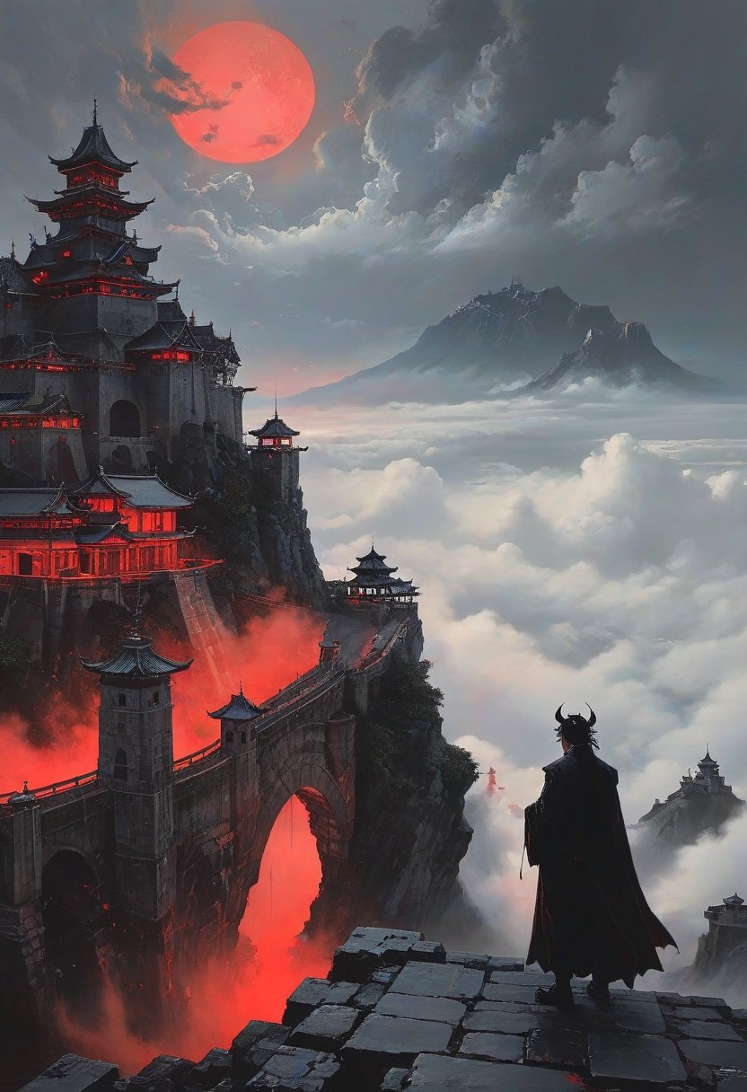 score_9, panorama landscape, architecture, street market, street, outdoor market, sunset, dracula japan village, Japan, enchanted fortress and fortified castle, above the clouds, mystical atmosphere, detailed stone and wood walls, europinian man, 50 years old, devil, blood, bloody mist swirls around, weibo, drawing, formal, black hair, devil horns, double halo, hunter eyes, holding finger to lips, shush, intimidating retro 90's, red, black, science fiction, a dark sky lit by the glow of distant moons and neon lights. rockpunk, yoji shinkawa, James Jean, Ayami Kojima, village<lora:EnvySendNoodzXL01:-2><lora:EnvyZoomSliderXL01:.5>, <lora:EnvyPanoramaXL01:0.5>
