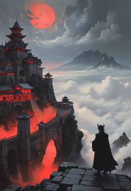 score_9, panorama landscape, architecture, street market, street, outdoor market, sunset, dracula japan village, Japan, enchanted fortress and fortified castle, above the clouds, mystical atmosphere, detailed stone and wood walls, europinian man, 50 years old, devil, blood, bloody mist swirls around, weibo, drawing, formal, black hair, devil horns, double halo, hunter eyes, holding finger to lips, shush, intimidating retro 90's, red, black, science fiction, a dark sky lit by the glow of distant moons and neon lights. rockpunk, yoji shinkawa, James Jean, Ayami Kojima, village<lora:EnvySendNoodzXL01:-2><lora:EnvyZoomSliderXL01:.5>, <lora:EnvyPanoramaXL01:0.5>