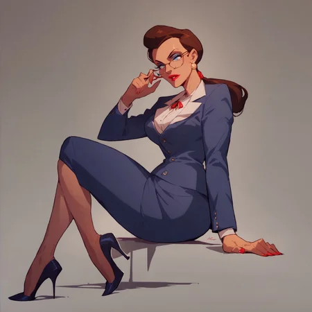 safe_pos, score_9, score_8_up, score_7_up, solo, 1girl, makeup, lipstick, ponytail, brown hair, blue eyes, formal, glasses, skirt suit, formal, earrings, breast, high heels, Janet Van Dorn
