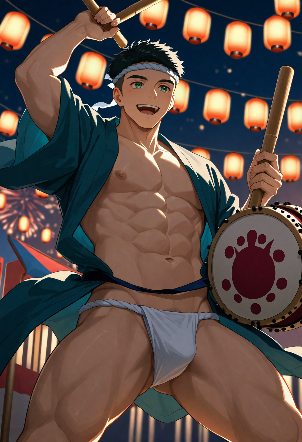 masterpiece,best quality,
1boy,toned male,solo,
<lora:yokokawa_yuusuke_NAI_EPS_1_1_CAME_v1_960:1>,
yok0kaw4_yuusuk3,black hair,short hair,undercut,green eyes,
summer festival,japanese clothes,hachimaki,headband,open kimono,navel,smile,open mouth,taiko sticks,taiko drum,night,playing instrument,shimenawa,fundoshi,taiko drum,paper lantern,(aerial fireworks:0.6),blurry background,
soft lighting,
shadow,dynamic angle,dynamic action,atmospheric perspective,
blurry background,scenery