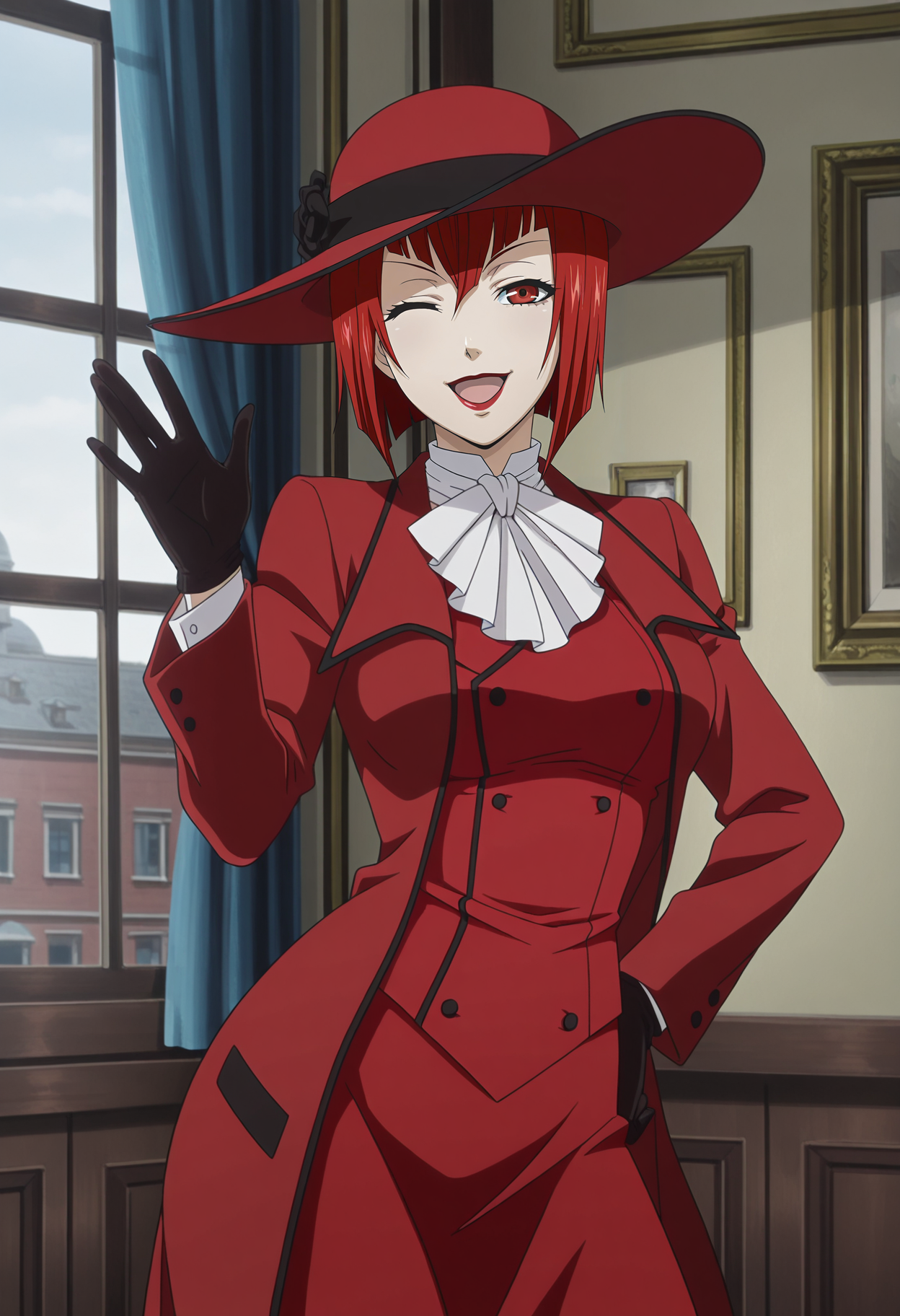 1girl,solo,mm,mature female,red hair,short hair,lipstick,red eyes,anime coloring,
hat,formal,red dress,red coat,gloves,contrapposto, waving,hand on own hip, looking at viewer, smile,one eye closed,open mouth, window,day,indoors
,masterpiece,best quality,amazing quality,<lora:Madame_Red-Angelina_Durless-Kuroshitsuji-IL:0.8>