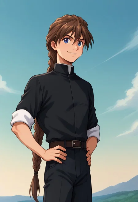 score_9, score_8_up, score_7_up, source_anime, highly detailed,
duomaxwell, 1boy, male focus, solo, brown hair, braid, single braid, long hair, hands on hips, smile, very long hair, blue eyes, shirt, black shirt, sleeves rolled up, belt, black pants, priest collar
outdoor, sky,