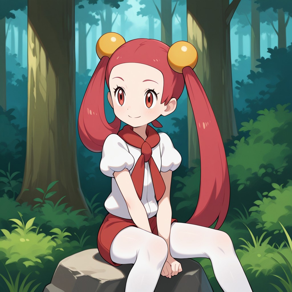 1girl, solo, mira (pokemon), smile, very long hair, pink hair, red hair, hair rings, twintails, hair beads, asymmetrical hair, tied hair, red eyes, red scarf, white shirt, puffy short sleeves, red shorts, short shorts, white pantyhose, legwear under shorts, sitting on rock, arms between legs, forest