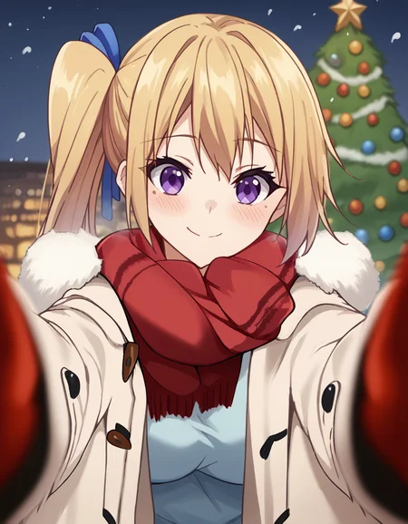 score_9, score_8_up, score_7_up, source_anime, <lora:mai-kawakami-s1-ponyxl-lora-nochekaiser:1>, mai kawakami, blonde hair, hair ribbon, long hair, mole, mole under eye, ribbon, side ponytail, purple eyes, large breasts, <lora:pov-cheek-warming-ponyxl-lora-nochekaiser:1>, pov cheek warming, pov cheek warming (meme), winter gloves, duffel coat, fur-trimmed scarf, winter clothes, red mittens, meme, winter coat, red scarf, fur-trimmed coat, reaching towards viewer, reaching, mittens, fur-trimmed hood, white coat, open coat, scarf, coat, red gloves, snowing, pov, fur trim, depth of field, smile, blush,, christmas, christmas tree, christmas lights,,