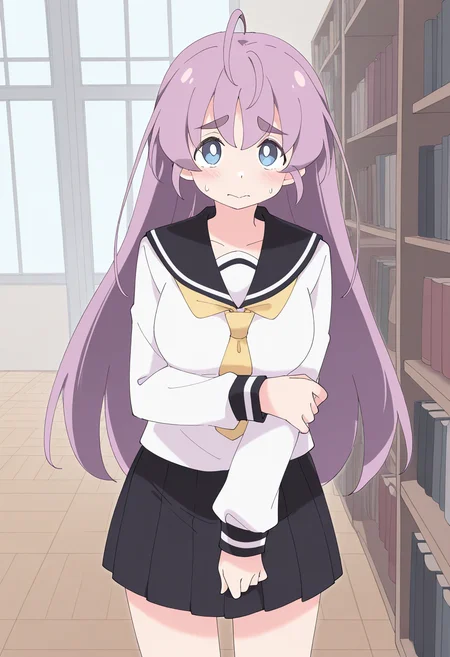 1girl, solo, rinlilustea, purple hair, long hair, ahoge, thick eyebrows, blue eyes, shirt, long sleeves, sailor collar, yellow necktie, skirt, school uniform, indoors, library, cowboy shot, standing, nervous, looking at viewer,