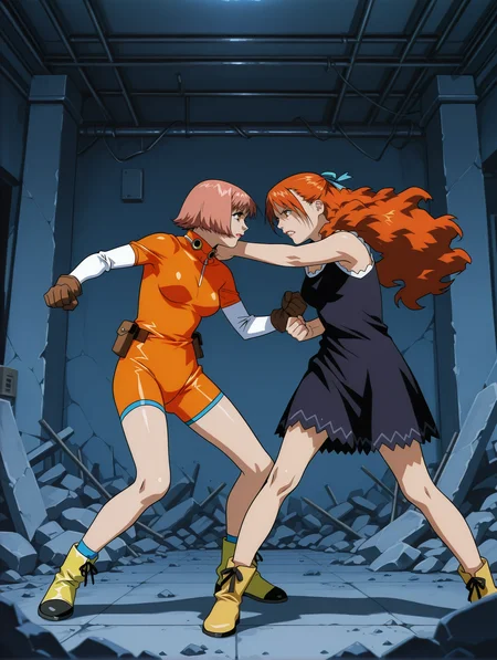 <lora:mikura-momomi-v4-illustrious-000009:0.9> 2girls, fighting, rubble, indoors, masterpiece, best quality, cinematic lighting
2girls, fighting, m1kur4a, bodysuit, boots
2girls, fighting, imo0m1, hair ribbon, sleeveless dress