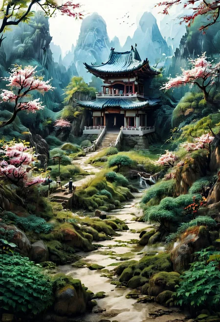 An asian House and Sakura garden made of blue and white porcelain, asian landscape in the background, SimpleNegativeV3,zavy-chnsdrgn, masterpiece, award winning, very detailed, porcellana style