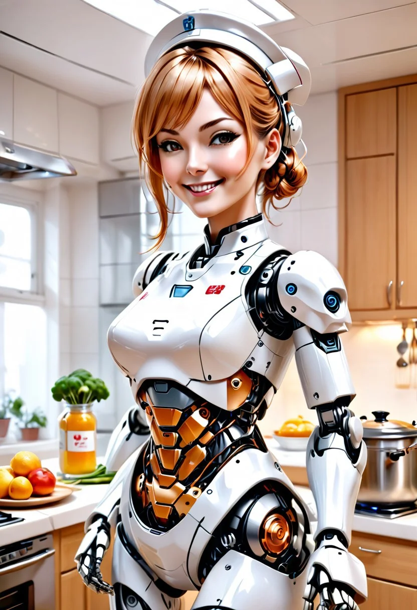 robot maid nurse cooking cleaning looking after the family, feminine, hybrid, (skin, torso, attractive, navel), lewd, pleasure bot, kitchen, looking at viewer, offering services, how about it, creepy robot smile