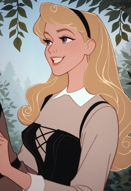 score_9, score_8_up, score_7_up, zPDXL3, [Aurora_SB, 1girl, blonde hair, violet eyes, beige shirt, white collar, black corset, dust rose skirt, bare feet], [Prince_Phillip_SB, 1man, brown hair, brown eyes, black shirt, beige vest, brown pants], 1man, 1girl, couple, in love, smiling, tenderness, in forest, <lora:Aurora_and_Phillip:1>, <lora:Smooth Anime Style LoRA XL:0.8>, <lora:Expressive_H:0.5>, <lora:zPDXL3:1>, <lora:add-detail-xl:2>âââ