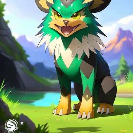 (samdoesarts style:1.3) a brave pine-green (ground:1.2) hawk Pokemon with alizarin hair, glowing eyes, River or stream, highly detailed, intricate