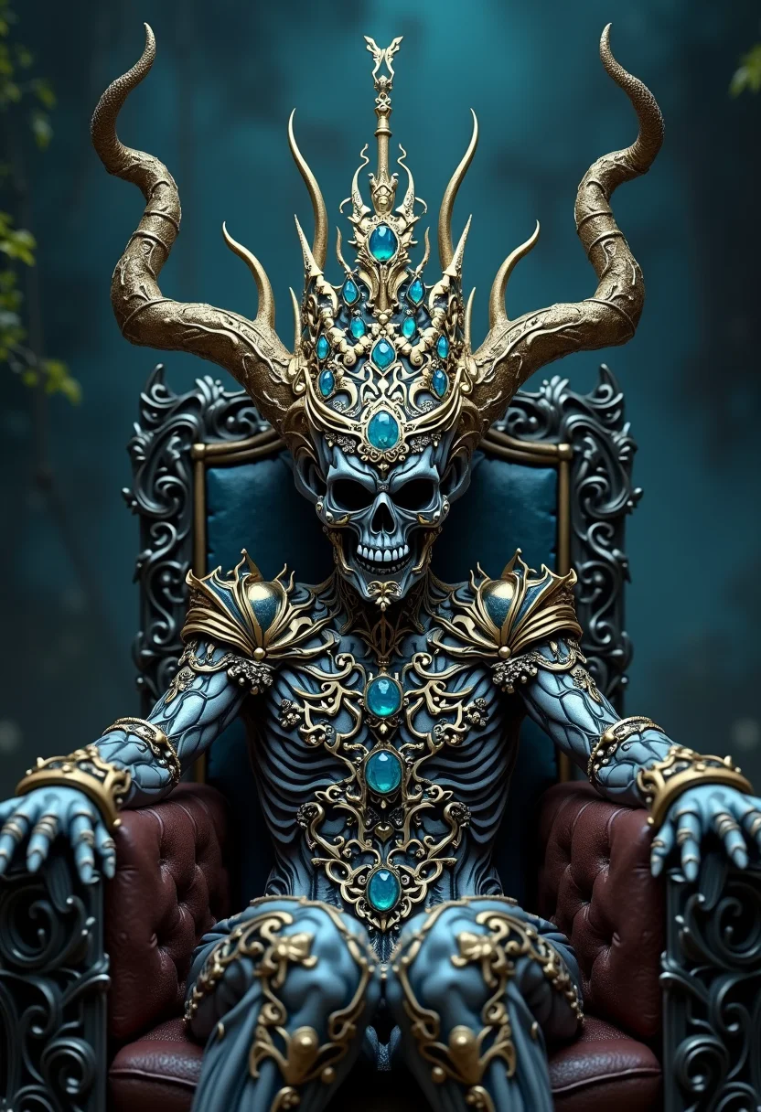high quality, highly detailed, colorful, abstract, fantasy, fantasy background, The image is a realistic photo of a mythical creature, specifically a skull-like figure with a crown on its head. The figure is sitting on a throne-like structure, with its arms stretched out in front of it. The skull is covered in intricate patterns and designs, with a metallic silver and gold color scheme. The crown is made up of multiple jewels, including a blue gemstone in the center. The jewels are arranged in a symmetrical pattern, creating a sense of balance and harmony. The background is dark, with hints of blue and green, giving the impression of a mystical and mystical atmosphere. The overall mood of the image is ominous and ominous.<lora:FLUX\boFLUX Neon Abyss.safetensors:1.0:1.0>