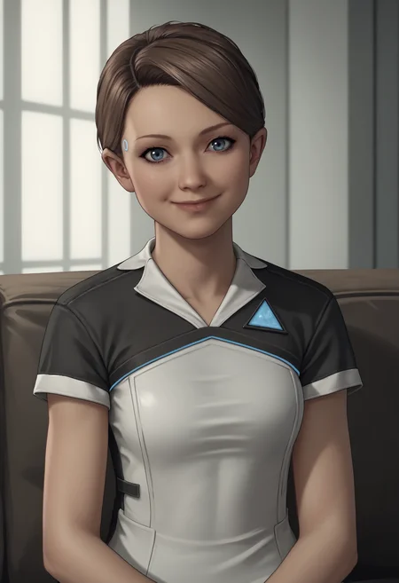 score_9, score_8_up, score_7_up, score_6_up, score_5_up, score_4_up, 1girl, <lora:KaraDBH:0.85> solo, short hair, brown hair, blue eyes, lips, upper body, looking at viewer, smile, front view, dress, black and white dress, pants, short sleeves, sitting, sofa, from side,
(living room background),,