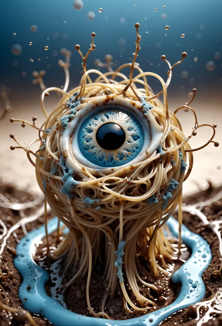 eyeball, rule of thirds, tilt-shift, dark Sepia spagetti  growing and intertwining out of the ground, chaos, oozing thick Powder blue liquid, wet, reflections, splatter, detailed cornea, disintegration, stars, vibrant, high quality, ultra detailed, (intricate:1.4),  (by David Chipperfield, Chris Foss)   <lora:xl_more_art-full_v1:0.8>  <lora:add-detail-xl:0.8>