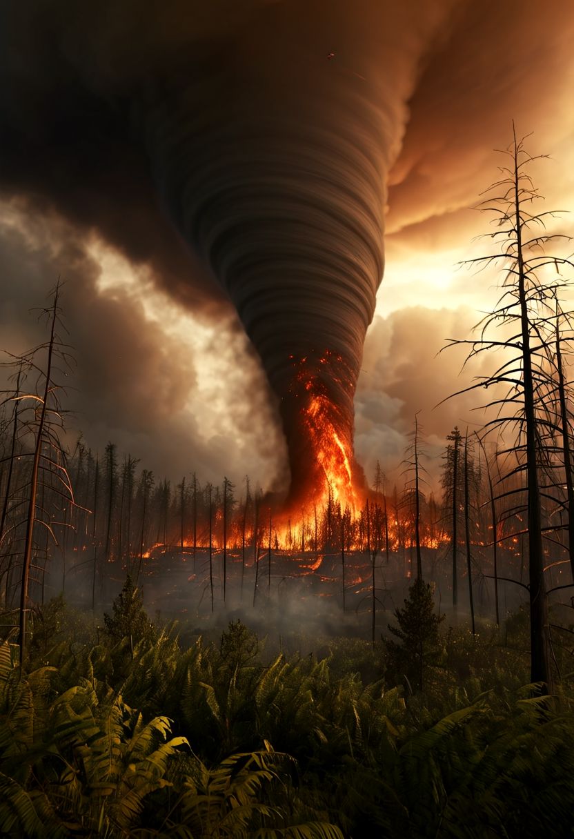 tornado over a burning forest with a tsunami coming, epic , masterpiece, dynamic, highly detailed