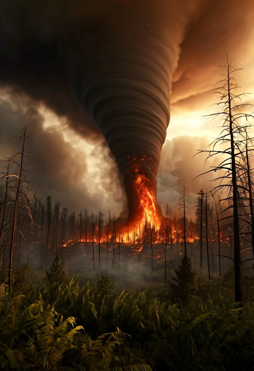 tornado over a burning forest with a tsunami coming, epic , masterpiece, dynamic, highly detailed