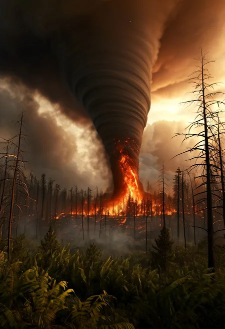tornado over a burning forest with a tsunami coming, epic , masterpiece, dynamic, highly detailed
