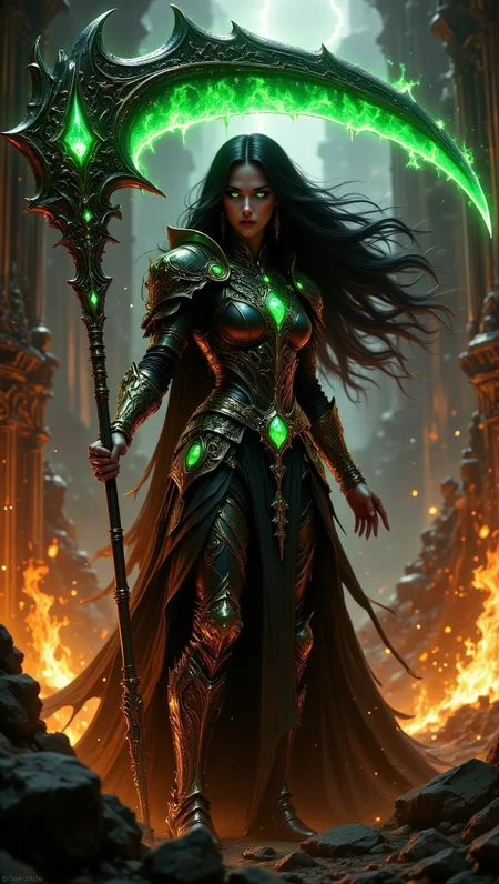 pinkdarkfantasy,
A woman with long black hair, wearing intricate black armor with emerald gemstones, holding a large, glowing green scythe, standing amidst burning ruins.