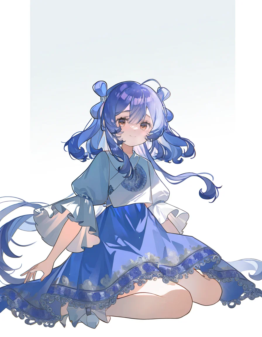 1girl,solo,looking at viewer,simple background,white background,jiangyalu,blue hair,blue dress,brown eyes,smile,<lora:jiangyalu-000014:1>,full body,wariza,, masterpiece, best quality, very aesthetic, absurdres,newest, incredibly absurdres,