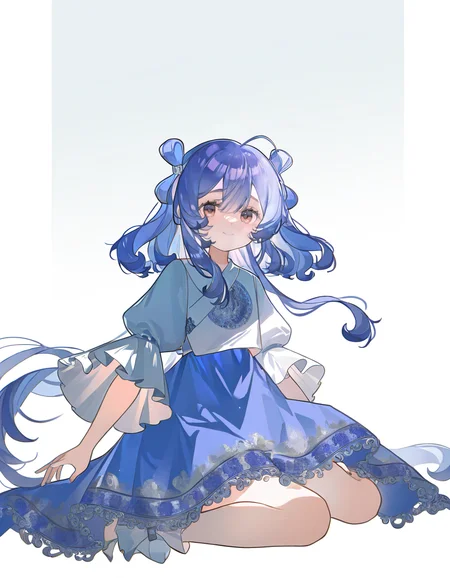 1girl,solo,looking at viewer,simple background,white background,jiangyalu,blue hair,blue dress,brown eyes,smile,<lora:jiangyalu-000014:1>,full body,wariza,, masterpiece, best quality, very aesthetic, absurdres,newest, incredibly absurdres,