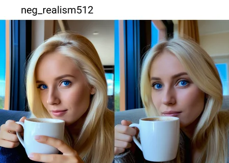a beautiful woman with blonde hair and blue eyes is sitting leisurely on a couch indoor. She is drinking coffee from a small mug while looking through her window showing a bright blue sky
