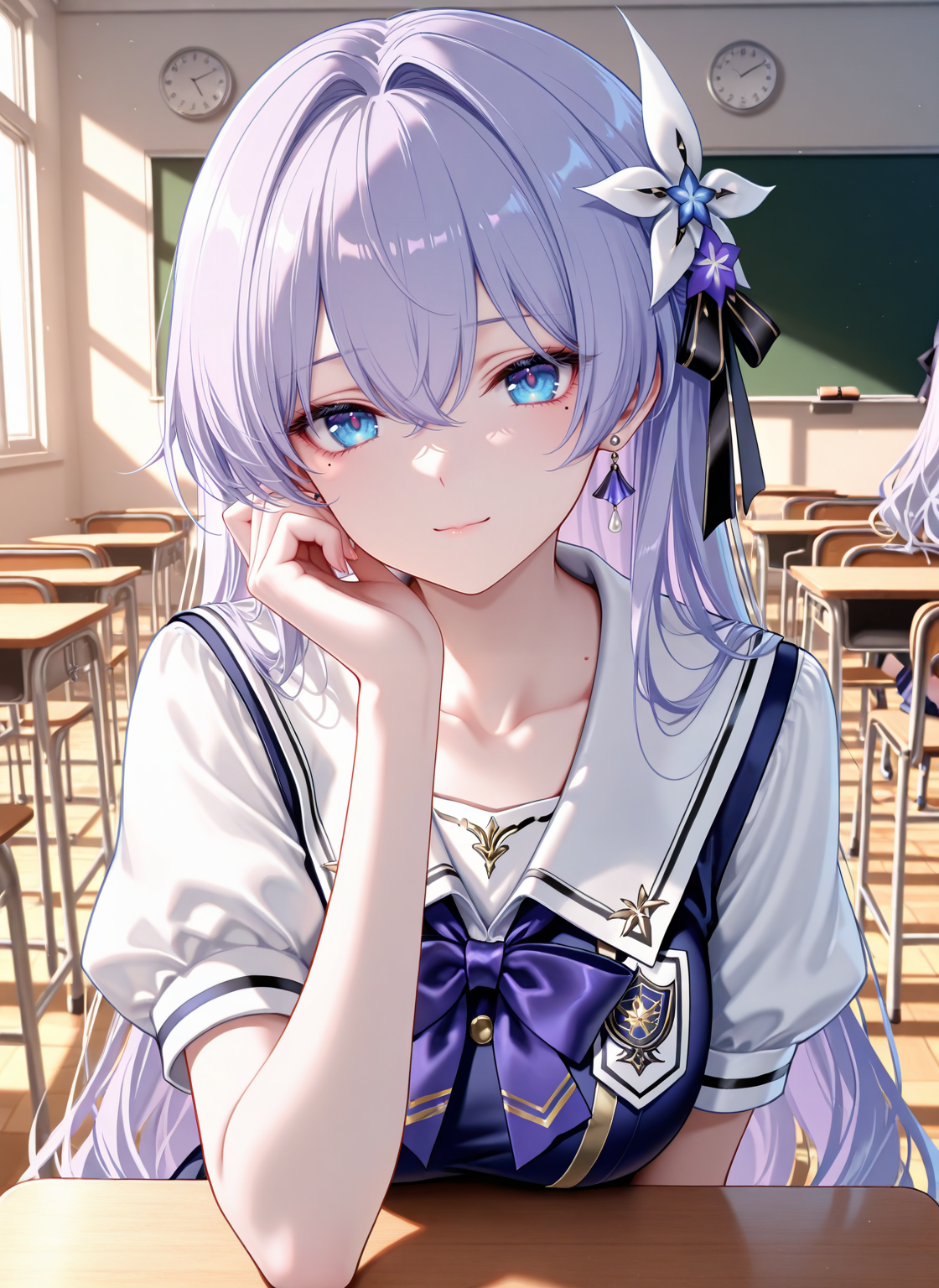 masterpiece,best quality,newest,absurdres,highres,soft shadows,year2024,mutou kurihito,(kimishima ao:0.7),(hiten \(hitenkei\):0.4),(sheya:0.4),
<lora:Cantarella youngXLNAI:1>,Cantarella (\young\),1girl,light purple hair,blue eyes,hair ornament,hair between eyes,mole under eye,earrings,school uniform, 
classroom,