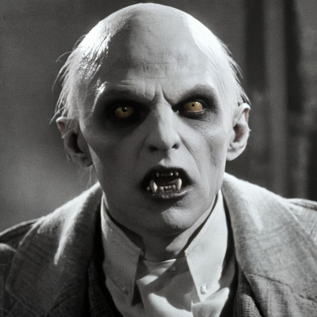 Horror-themed,  <lora:Fright Night 1985 Film Style:1>
In black and white, Cinematic Medium Shot Film Footage captured by Panavision Cameras and Lenses, nosferatu vampire creature, Jerry a profile face view of a vampire with vampire teeth and vampire eyes lenses staring at camera, in a dark room, Fright Night 1985 Film Style, Eerie, unsettling, dark, spooky, suspenseful, grim, highly detailed