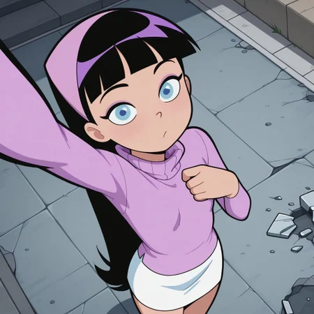 masterpiece, best quality, break, trixie_fop, black hair, long hair, bangs, blue eyes, turtleneck, skirt, selfie, from above,