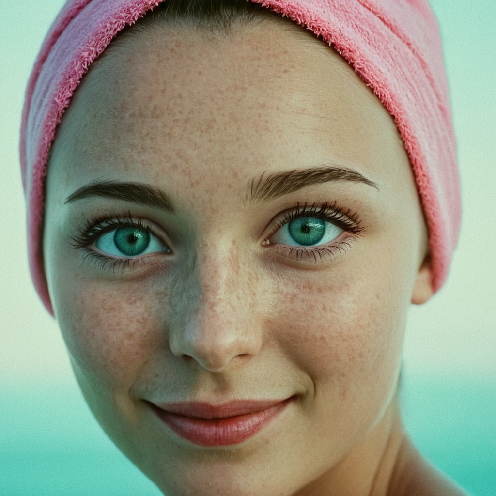 analog film photo of  <lora:detailed_notrigger:0.3>
<lora:facial expression style v2:0.1>
<lora:perfection style:0.2> perfection style
<lora:TeethXL:0.1>
<lora:detailed:0.1> detailed
 <lora:skin texture style:0.9>
A cinematic skin texture style still image of a woman with a pink towel on her head, detailed smooth oily skin pore, film still, still photography style, sharp style, detailed style, perfect style, perfection style, Kodak film skin tone style, fujifilm skin tone style, professional photography style, skin textured, skin texture style, solo, looking at viewer, blue eyes, blonde hair, 1boy, green eyes, male focus, parted lips, lips, eyelashes, portrait, close-up, realistic, 1girl, smile, simple background, bald, short hair, photorealistic, oily skin, reflective skin, bouncy ski
, faded film, desaturated, 35mm photo, grainy, vignette, vintage, Kodachrome, Lomography, stained, highly detailed, found footage