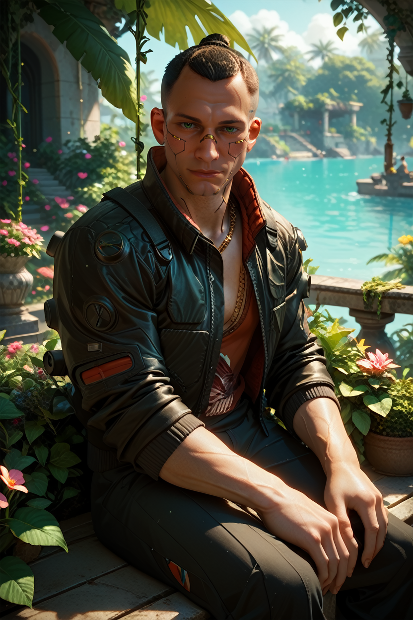 score_9, score_8_up, score_7_up, score_6_up
<lora:CyberJackie:1.0>
CyberJackie, 1boy, black hair, green eyes, mechanical parts, looking at viewer, sitting on a stone bench in a Mediterranean courtyard, wearing a light linen suit, vines and flowers around, warm sunlight, elegant and relaxed mood