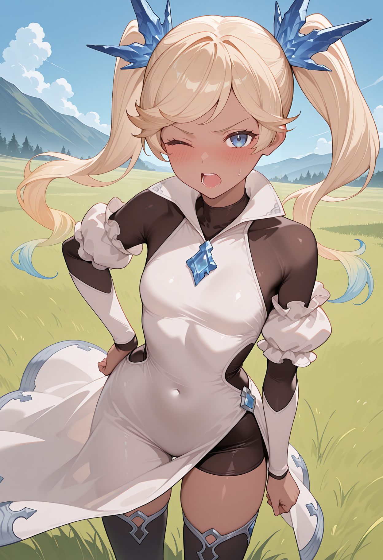 highres, best quality, masterpiece, outdoors, blue sky, grass, 
1girl, solo, gbftio, blonde hair, gradient hair, twintails, dark-skinned female, blue eyes,
iogbdef, hair ornament, white dress, blue brooch, sleeveless dress, detached sleeves, puffy sleeves, side cutout, side slit, bodysuit under clothes, black bodysuit, black thighhighs,
looking at viewer, blush, one eye closed, open mouth, tsundere, 
standing, hand on own hip, 
<lora:_io_gbf-elesico-ilxl-000014:1>