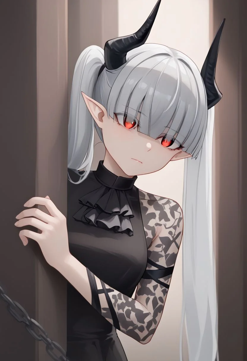 1girl, solo, peeking out upper body, chained_sarkaz_girl, black dress, single leg pantyhose, asymmetrical clothes, patterned clothes, single sleeve, black sock, kneehigh, black footwear, high heels, black ascot, hair over eyes, eyes visible through hair, demon horns, blunt bangs, red eyes, pointy ears, pale skin, white hair, grey hair, twintails
