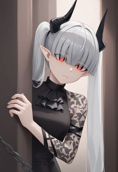 1girl, solo, peeking out upper body, chained_sarkaz_girl, black dress, single leg pantyhose, asymmetrical clothes, patterned clothes, single sleeve, black sock, kneehigh, black footwear, high heels, black ascot, hair over eyes, eyes visible through hair, demon horns, blunt bangs, red eyes, pointy ears, pale skin, white hair, grey hair, twintails