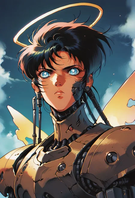 score_9, score_8_up, score_7_up,score_6_up, score_5_up, score_4_up,source_anime,retro artstyle,halftone effect,epic,intricate linework,solo,no humans,a biomechanical golden armored angel with energy wings and a mechanical halo and a robotic head and tubes and mechanical joints and glowing blue eyes holding a lance and flying in the sky,sky,flying,clouds