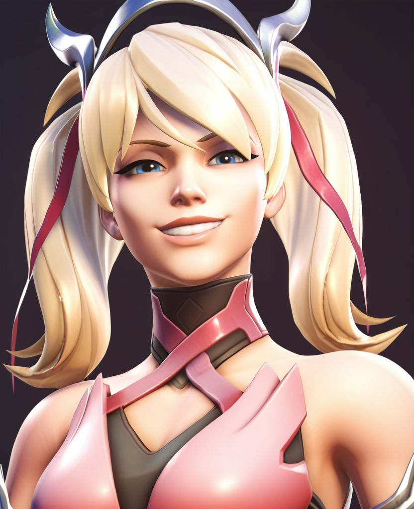 score_9, score_8_up, score_7_up, score_6_up, score_5_up, score_4_up, 3d, realistic, <lora:Pink_Mercy_3.0-000008:0.8> , pkmercy, 1girl, breasts, blue eyes, short hair, blonde hair, fingerless gloves, elbow gloves, hair ribbon, bare shoulders, twintails, mechanical halo,  pink dress, pelvic curtain, portrait, looking at viewer, half-closed eyes, smile, teeth, close up