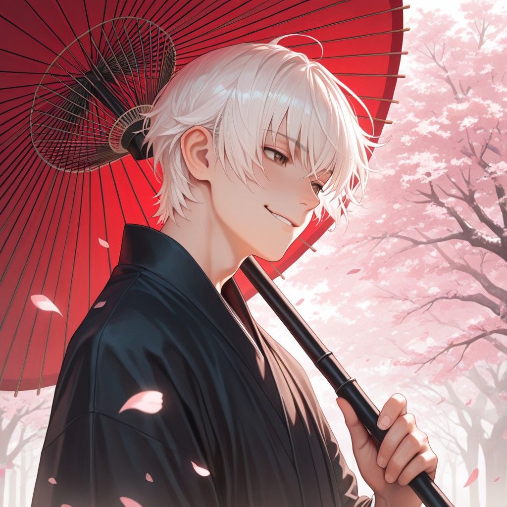 masterpiece, best quality, amazing quality, absurdres, newest, detailed background, definition so sharp, Ultra-HD, 8K cinematic, very awa, impressionate, amazing quality, highres, 
solo, male focus, manly, 
yashiroisana, 1boy, short hair, bangs, shiro_white hair, shiro_brown eyes, oil-paper umbrella, holding umbrella like a staff, playful smirk, calm gaze, wind blowing, floating petals, aesthetic, powerful, serene, playful