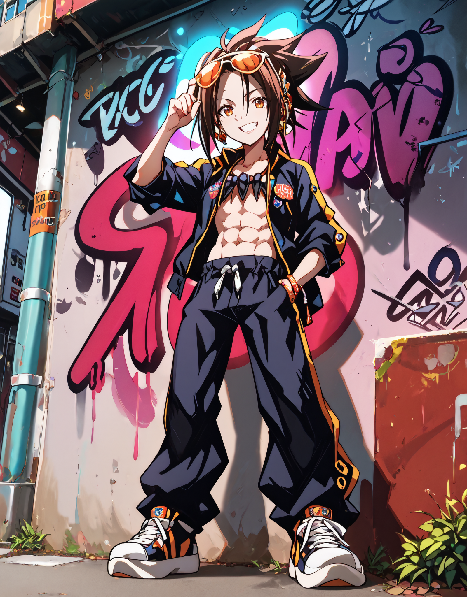 boy,Asakura Yoh,brown hair,brown eyes,(headphonese),spiked hair,medium hair,Ponytail,jewelry,smile,solo,Megure,clothing,gold ornaments,(masterpiece:1.5),(bestquality:1.5),highlydetailed,ultra-detailed,(hip-hop fashion:1.4),extravagant,(American streetwear:1.3),(sunglasses),hiha's glasses,(oversized clothing),(bold patterns:1.2),(flashy jewelry),(gold chains),(beads),(prayer beads),open shirt,oversized trousers,pants,(graffiti-style logos:1.2),(vibrant colors:1.2),(urban setting:1.3),attitude,confident expression,neon lights in background,abs,((sneakers:1.2)),urban street vibe,(layered clothing),loud and flashy design,stylish,(swagger pose),(modern hip-hop culture:1.4),flashy accessories,bling,confident stance.,stylish_pose,hand_gesture,abs,<lora:Asakura_Yoh_-_Shaman_King_pony:1>,score_9,score_8_up,score_7_up,<lora:Expressive_H:0.8>,<lora:g0th1cPXL:0.5>,g0thicPXL,glowing,neon,grin,wall graffiti behind,Graffiti wall,painted walls,pompous painting,hand pocket,<lora:MJ52:0.8>,cinematic_angle,from_below,
