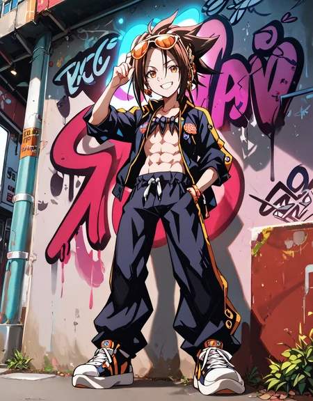 boy,Asakura Yoh,brown hair,brown eyes,(headphonese),spiked hair,medium hair,Ponytail,jewelry,smile,solo,Megure,clothing,gold ornaments,(masterpiece:1.5),(bestquality:1.5),highlydetailed,ultra-detailed,(hip-hop fashion:1.4),extravagant,(American streetwear:1.3),(sunglasses),hiha's glasses,(oversized clothing),(bold patterns:1.2),(flashy jewelry),(gold chains),(beads),(prayer beads),open shirt,oversized trousers,pants,(graffiti-style logos:1.2),(vibrant colors:1.2),(urban setting:1.3),attitude,confident expression,neon lights in background,abs,((sneakers:1.2)),urban street vibe,(layered clothing),loud and flashy design,stylish,(swagger pose),(modern hip-hop culture:1.4),flashy accessories,bling,confident stance.,stylish_pose,hand_gesture,abs,<lora:Asakura_Yoh_-_Shaman_King_pony:1>,score_9,score_8_up,score_7_up,<lora:Expressive_H:0.8>,<lora:g0th1cPXL:0.5>,g0thicPXL,glowing,neon,grin,wall graffiti behind,Graffiti wall,painted walls,pompous painting,hand pocket,<lora:MJ52:0.8>,cinematic_angle,from_below,