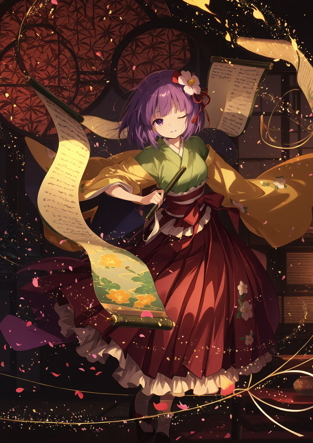 absurdres, highres, masterpiece, best quality, amazing quality, official anime artwork, screencap, anime screencap, indoors, light smile, looking at viewer, dynamic pose,
<lora:Hieda-no-Akyuu_Illustrious:1> hieda no akyuu, 1girl, solo, purple eyes, purple hair, short hair, hair flower,, japanese clothes, green kimono, yellow sleeves, wide sleeves, red skirt, red hakama, floral print, holding scroll, light particles, petals, one eye closed, parted lips,