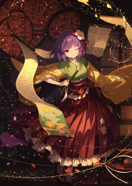 absurdres, highres, masterpiece, best quality, amazing quality, official anime artwork, screencap, anime screencap, indoors, light smile, looking at viewer, dynamic pose,
<lora:Hieda-no-Akyuu_Illustrious:1> hieda no akyuu, 1girl, solo, purple eyes, purple hair, short hair, hair flower,, japanese clothes, green kimono, yellow sleeves, wide sleeves, red skirt, red hakama, floral print, holding scroll, light particles, petals, one eye closed, parted lips,