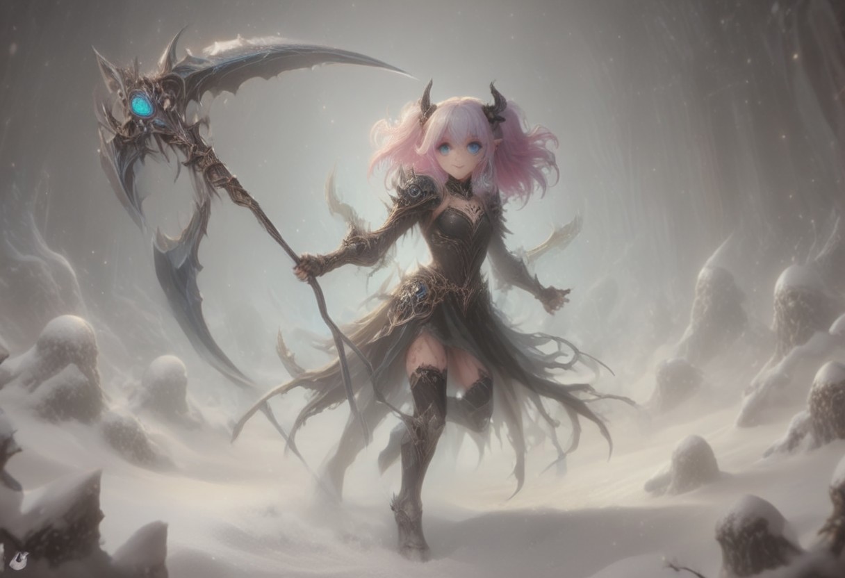 score_9, score_8_up, score_7_up, score_6_up, dynamic, (anime, masterpiece), best quality, (8k), detailed background, sharp focus, intricate, ambient lighting, super high quality, hyper detailed background, cinematic lighting, adult, dungeons and dragons character art style, a norse girl early 20s, straight long lilac hair tied back into a ponytail, heart choker, black hairband, dark magical blue eyes, pale skin, human, wearing black crop top and black leather skirt, thighhigh high heeled boots, holding a scythe in her hands, full body portrait, zoomed out, medium breasts, walking through a snowy mountain village, action pose, jumping down from above a slime monster