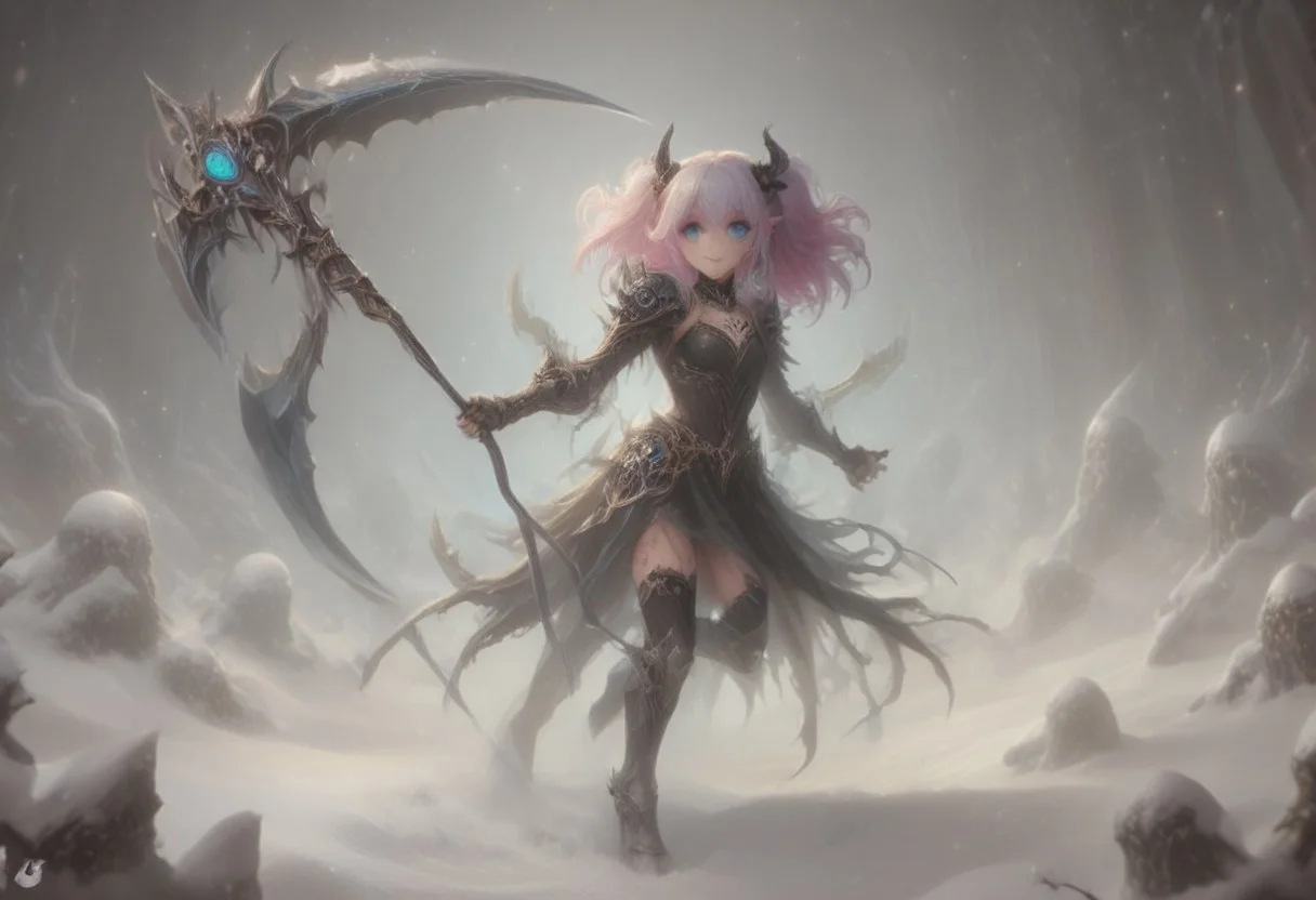 score_9, score_8_up, score_7_up, score_6_up, dynamic, (anime, masterpiece), best quality, (8k), detailed background, sharp focus, intricate, ambient lighting, super high quality, hyper detailed background, cinematic lighting, adult, dungeons and dragons character art style, a norse girl early 20s, straight long lilac hair tied back into a ponytail, heart choker, black hairband, dark magical blue eyes, pale skin, human, wearing black crop top and black leather skirt, thighhigh high heeled boots, holding a scythe in her hands, full body portrait, zoomed out, medium breasts, walking through a snowy mountain village, action pose, jumping down from above a slime monster