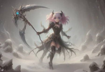 score_9, score_8_up, score_7_up, score_6_up, dynamic, (anime, masterpiece), best quality, (8k), detailed background, sharp focus, intricate, ambient lighting, super high quality, hyper detailed background, cinematic lighting, adult, dungeons and dragons character art style, a norse girl early 20s, straight long lilac hair tied back into a ponytail, heart choker, black hairband, dark magical blue eyes, pale skin, human, wearing black crop top and black leather skirt, thighhigh high heeled boots, holding a scythe in her hands, full body portrait, zoomed out, medium breasts, walking through a snowy mountain village, action pose, jumping down from above a slime monster