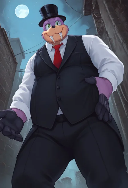score_9, score_8_up, score_7_up, furry male, Rotor the walrus, green eyes, fangs, furry,  furry anthro, alley, dutch angle, posing, from below, clothed, (((dutch angle, posing, from below))), walrus, fat, overweight, walrus tusks, squinting eyes, smile, solo, 1boy, male focus, <lora:pony_monocles-step00000800:1>,(monocle),round eyewear, top hat,, suit, gloves, furry male, mustache, necktie, a robber-baron wearing a monocle on a chain on his left eye, top hat, white shirt, black vest from 1900 holding a pocketwatch, standing
BREAK
city, ruins, back alley, outside, night, moon, stars, ambient light,