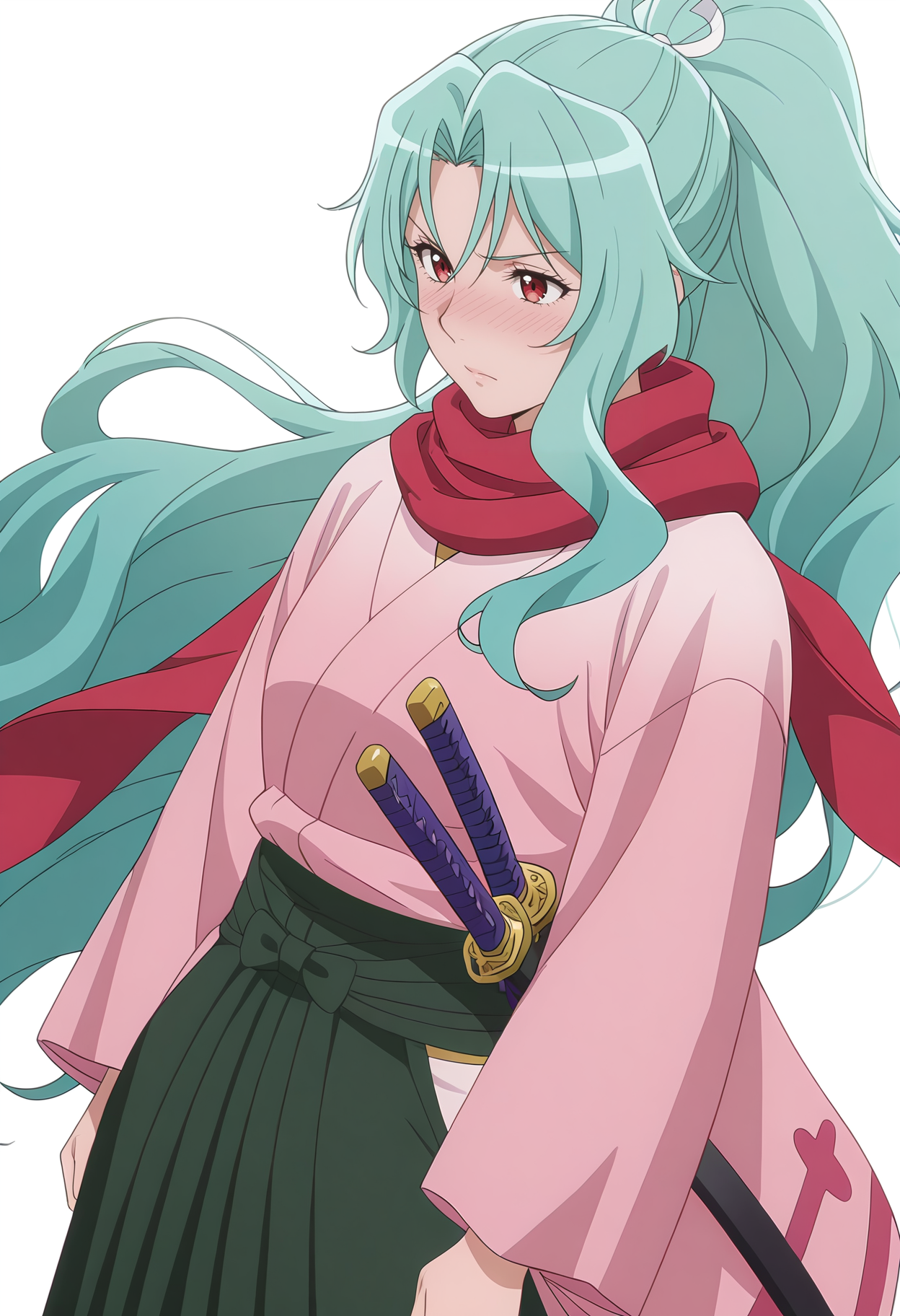 Smooth Quality,masterpiece, ultra realistic,
simple background, white background, 
dutch angle,nose blush,wind, 
 <lora:Tomoecnn:0.8> sofia/cnn, 1girl, long hair, scarf, ponytail, red eyes, japanese clothes, katana, green hair, very long hair,