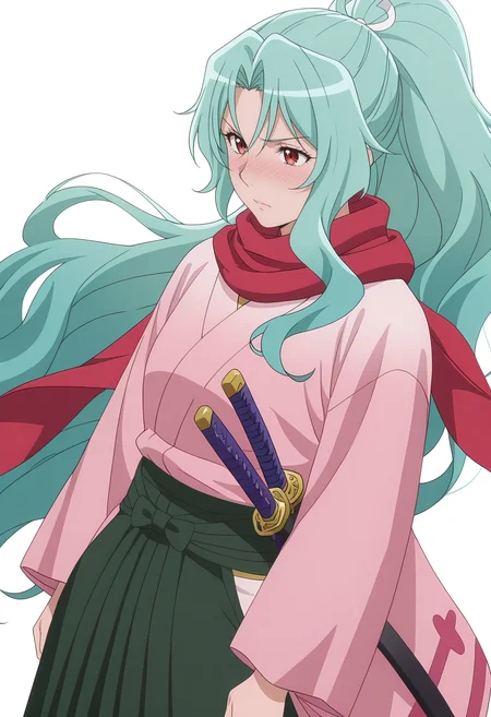 Smooth Quality,masterpiece, ultra realistic,
simple background, white background,
dutch angle,nose blush,wind,
<lora:Tomoecnn:0.8> sofia/cnn, 1girl, long hair, scarf, ponytail, red eyes, japanese clothes, katana, green hair, very long hair,