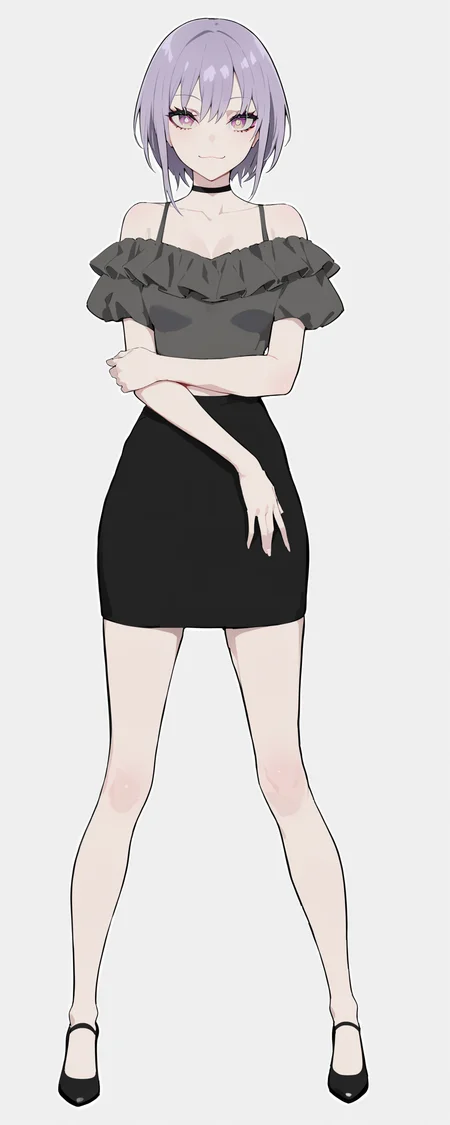 masterpiece, best quality, absurdres, very authentic, 1girl, solo, yuutenjinyamu, :3, smile, closed mouth, off-shoulder shirt, frills, looking at viewer, black choker, narrow waist, black pencil skirt, standing, contrapposto, legs apart, tall female, bare legs, white background, simple simple background, black pumps, full body, aged up, detailed pupils, dynamic pose, <lora:flat_sdxl:0.8>, <lyco:LAMXLANI31lokrV42310:1>, <lora:YTJNM-anxl31:0.5>,