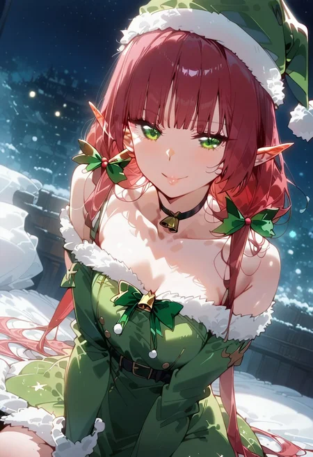 score_9, score_8_up, score_7_up,  detailed background,night,1girl Nol small form (character), petite, elf, pointy ears, red hair, long hair, blunt bangs, twintails, green eyes, hair bows that are black, small breasts |, Green christmas elf dress with white fur trim,  green christmas elf hat with a white fur trim,, Seductive smile, collarbone, choker, Dutch Angle, body focus, eyelashes, sitting, Cinematic Lighting,gold bell necklace