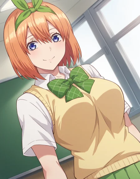 score_9, score_8_up, score_7_up, source_anime,
yotsubanakano, <lora:yotsuba-nakano-s1-ponyxl-lora-nochekaiser:1>,
yotsuba nakano, bangs, short hair, blue eyes, hair between eyes, hair ribbon, hairband, orange hair, green ribbon, mature female,
skirt, shirt, bow, ribbon, school uniform, white shirt, short sleeves, pleated skirt, collared shirt, miniskirt, bowtie, kneehighs, green skirt, green bow, sweater vest, green ribbon, yellow sweater vest,
indoors, classroom, smile,
looking at viewer, cowboy shot, dutch angle, solo,